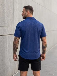 KRYTIVO Plus Size Men's Navy Blue Floral Print Front Button Short Sleeve Shirt - Navy Blue - View 2