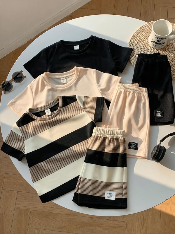 SHEIN Niños Niño/Niña Joven, Niño Joven Unisex 3 piezas Primavera/Verano Casual Versátil Rayas y unicolor Camiseta de Manga Corta Paquete Múltiple Adecuado para Salidas, Vacaciones, Escuela, Días Festivos
