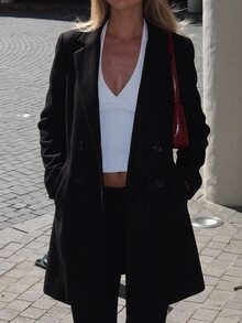 SHEIN Tall 秋冬款翻領雙排扣大衣 - 黑色 - 查看 2