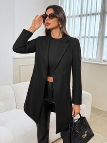 SHEIN Tall 秋冬款翻領雙排扣大衣 - 黑色 - 查看 5
