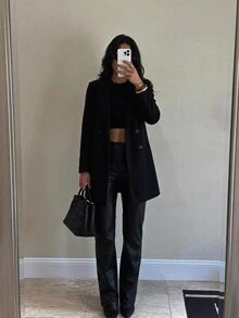SHEIN Tall 秋冬款翻領雙排扣大衣 - 黑色 - 查看 4