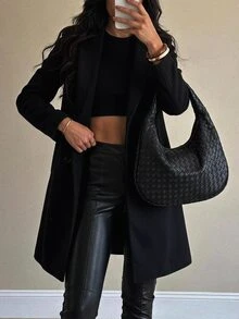 SHEIN Tall 秋冬款翻領雙排扣大衣 - 黑色 - 查看 3