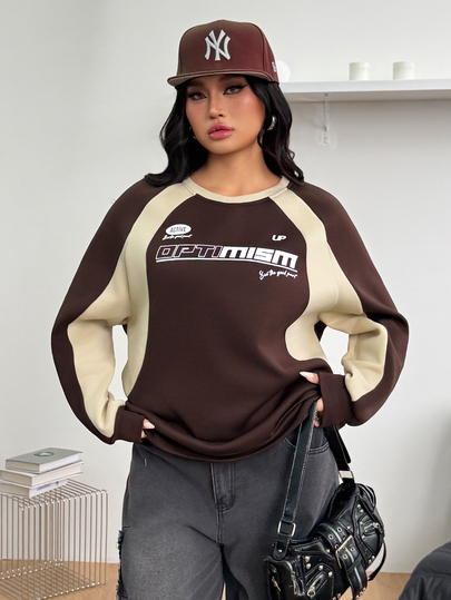 Coolane Women's & Men's Plus Size Fall Winter Streetwear Going Out Casual Black To School With Fleece Color-Blocked Baggy Brown Warm Warm Sweatshirt