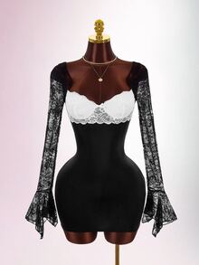 Amplova Women's Elegant Lacy Sexy Colorblock Waist-Cinching Mini Dress Halloween Night Out Date Night Black Autumn - Black and White - View 6