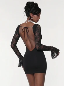 Amplova Women's Elegant Lacy Sexy Colorblock Waist-Cinching Mini Dress Halloween Night Out Date Night Black Autumn - Black and White - View 3