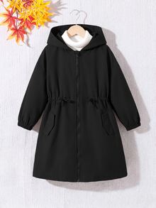 SHEIN 少女休閒字母裝飾寬鬆文字貼布連帽口袋中長版派克夾克秋季外套 - 黑色 - 查看 6