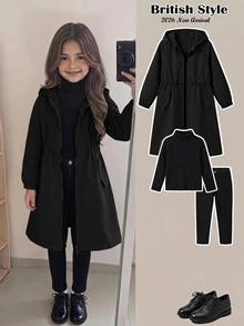 SHEIN 少女休閒字母裝飾寬鬆文字貼布連帽口袋中長版派克夾克秋季外套 - 黑色 - 查看 1