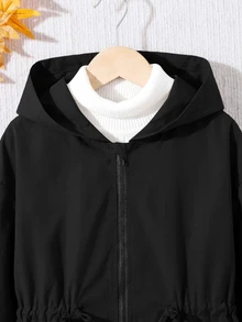 SHEIN 少女休閒字母裝飾寬鬆文字貼布連帽口袋中長版派克夾克秋季外套 - 黑色 - 查看 7
