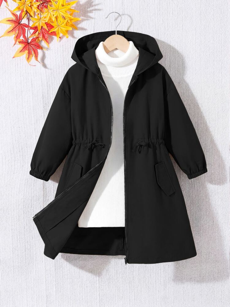 SHEIN Áo khoác parka dáng lửng có mũ, túi, phong cách casual cho bé gái, trang trí chữ và băng chữ, form rộng, mặc mùa thu - màu đen - Xem 4