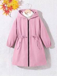 SHEIN 少女休閒字母裝飾寬鬆文字帶帽口袋中長版連帽派克外套 秋季夾克 - 粉色 - 查看 6