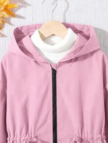 SHEIN 少女休閒字母裝飾寬鬆文字帶帽口袋中長版連帽派克外套 秋季夾克 - 粉色 - 查看 7