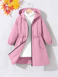 SHEIN 少女休閒字母裝飾寬鬆文字帶帽口袋中長版連帽派克外套 秋季夾克 - 粉色 - 查看 4