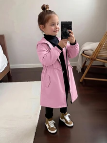 SHEIN 少女休閒字母裝飾寬鬆文字帶帽口袋中長版連帽派克外套 秋季夾克 - 粉色 - 查看 5