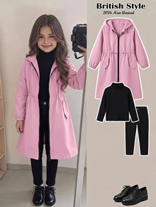 SHEIN 少女休閒字母裝飾寬鬆文字帶帽口袋中長版連帽派克外套 秋季夾克 - 粉色 - 查看 1