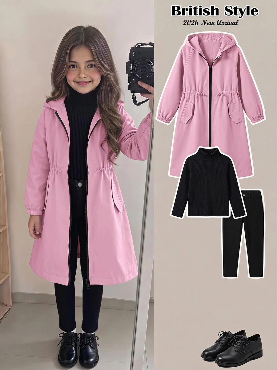 SHEIN 少女休閒字母裝飾寬鬆文字帶帽口袋中長版連帽派克外套 秋季夾克 - 粉色 - 查看 1