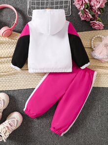 幼童女童 2 件套配色連帽拉鍊外套與慢跑長褲套裝 兒童休閒防風運動服 春秋款 - 彩色 - 查看 2