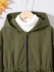 SHEIN 女童休閒字母裝飾鬆款文字膠帶連帽口袋中長版連帽外套 秋季夾克 - 綠色 - 查看 7