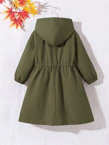 SHEIN 女童休閒字母裝飾鬆款文字膠帶連帽口袋中長版連帽外套 秋季夾克 - 綠色 - 查看 8