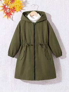 SHEIN 女童休閒字母裝飾鬆款文字膠帶連帽口袋中長版連帽外套 秋季夾克 - 綠色 - 查看 6
