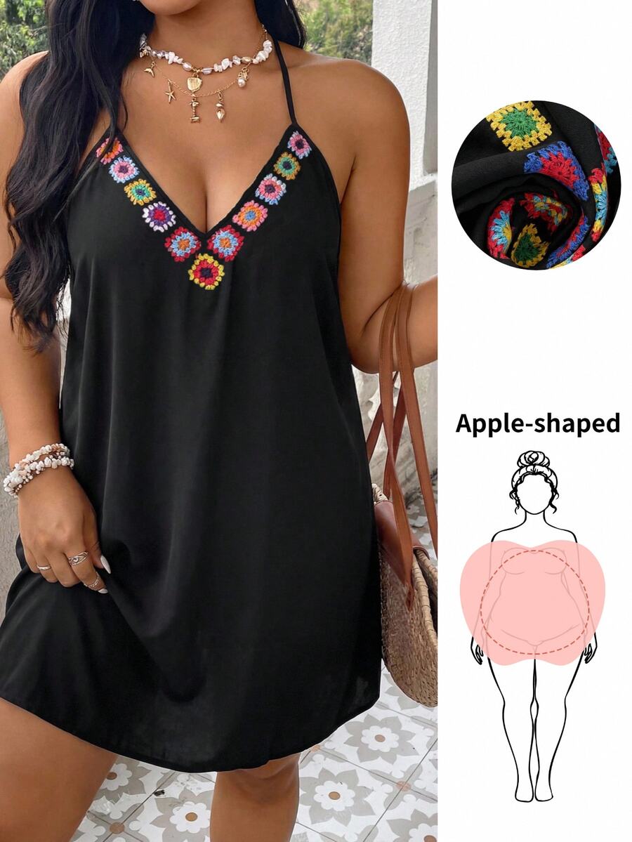 SHEIN VCAY Plus Size Black Pattern Decor Sleeveless Dress Beach Summer Boho - Black - View 1