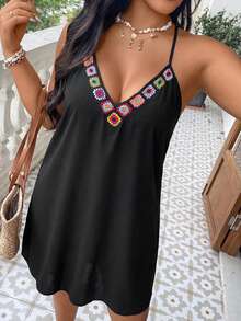 SHEIN VCAY Plus Size Black Pattern Decor Sleeveless Dress Beach Summer Boho - Black - View 9
