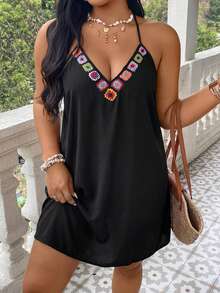 SHEIN VCAY Plus Size Black Pattern Decor Sleeveless Dress Beach Summer Boho - Black - View 8