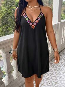 SHEIN VCAY Plus Size Black Pattern Decor Sleeveless Dress Beach Summer Boho - Black - View 3