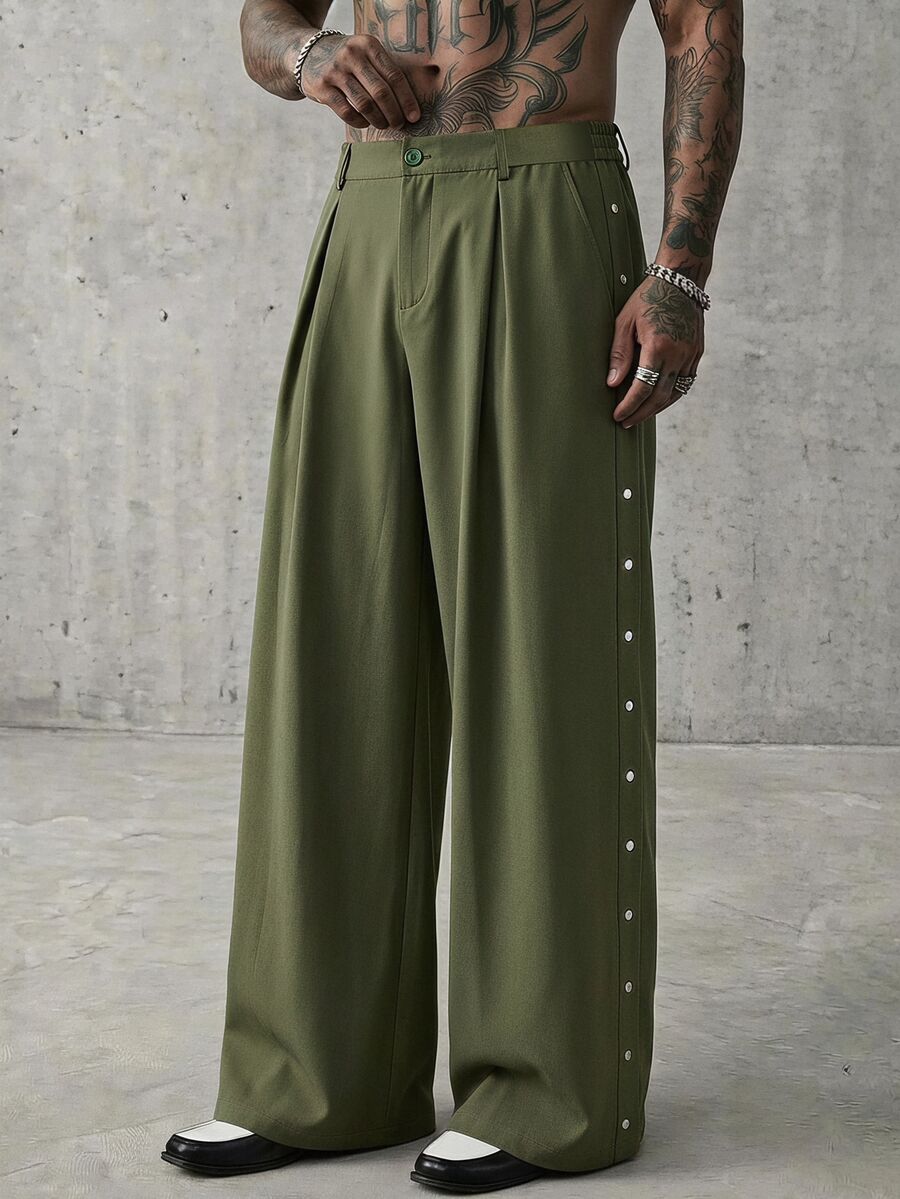 AXEPEAK Men's Solid Color Waist Button Design Wide Leg Loose Fit Long Pants - Green - View 1