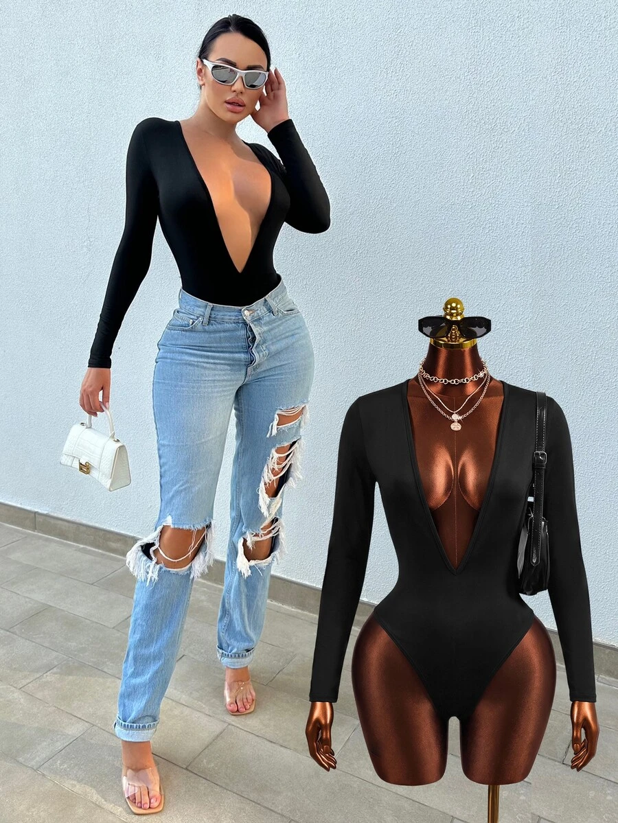 Zolique Body ajustado de cuello profundo - Negro - Ver 1
