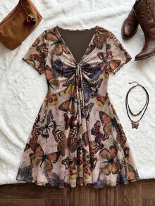 Comfortcana 大尺碼女款 V 領蝴蝶圖案休閒 90 年代仙女風日常穿著夏季洋裝 奶油黃 度假 婚禮賓客 - 棕色 - 查看 1