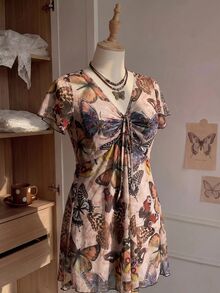 Comfortcana 大尺碼女款 V 領蝴蝶圖案休閒 90 年代仙女風日常穿著夏季洋裝 奶油黃 度假 婚禮賓客 - 棕色 - 查看 5