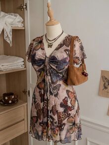 Comfortcana 大尺碼女款 V 領蝴蝶圖案休閒 90 年代仙女風日常穿著夏季洋裝 奶油黃 度假 婚禮賓客 - 棕色 - 查看 8