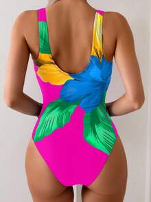 Swim Basics 1 件女式多色花卉印花圆领连体泳衣，优雅高腿剪裁设计，适合夏季 - 玫紅色 - 查看 2