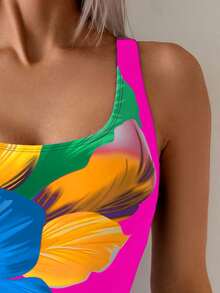 Swim Basics 1 件女式多色花卉印花圆领连体泳衣，优雅高腿剪裁设计，适合夏季 - 玫紅色 - 查看 4