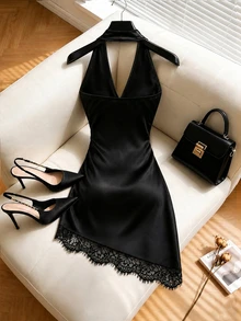 GlowEve Elegant Halter Neck Mini Dress Single-Sided Metal Ring Deep V Satin Ruched Eyelash Lace Asymmetrical Woman Party Halloween Black Summer - Black - View 2