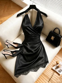 GlowEve Elegant Halter Neck Mini Dress Single-Sided Metal Ring Deep V Satin Ruched Eyelash Lace Asymmetrical Woman Party Halloween Black Summer - Black - View 1