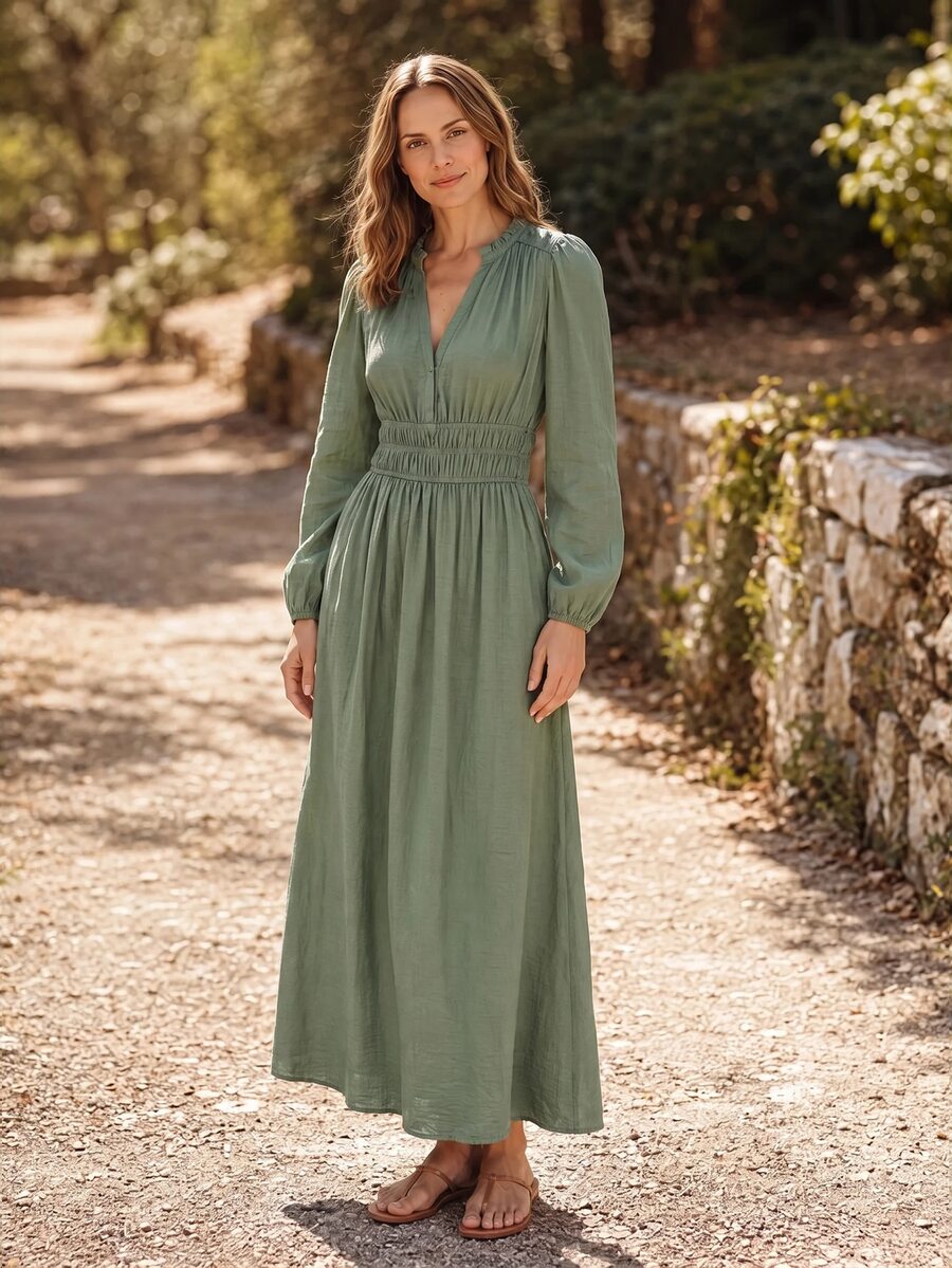 Dayvera Women's Solid Color Ruffle Trim Notch V-Neck Long Sleeve Pocket Elegant Midi Dress - Green - View 1