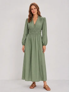 Dayvera Women's Solid Color Ruffle Trim Notch V-Neck Long Sleeve Pocket Elegant Midi Dress - Green - View 4