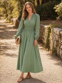 Dayvera Women's Solid Color Ruffle Trim Notch V-Neck Long Sleeve Pocket Elegant Midi Dress - Green - View 5