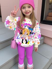 Young Girl Cartoon Print Kids Long Sleeve Sweatshirt And Pants Set - Multicolor - View 3