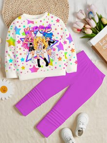 Young Girl Cartoon Print Kids Long Sleeve Sweatshirt And Pants Set - Multicolor - View 4