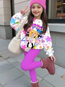 Young Girl Cartoon Print Kids Long Sleeve Sweatshirt And Pants Set - Multicolor - View 2