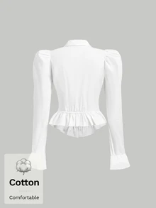 SHEIN MOD Women Cotton Solid Collared Puff Long Sleeve Short White Sweet Business Blouse Office Going Out Back To School Fall Autumn.Halloween. - White - View 5