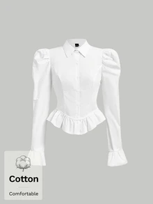 SHEIN MOD Women Cotton Solid Collared Puff Long Sleeve Short White Sweet Business Blouse Office Going Out Back To School Fall Autumn.Halloween. - White - View 2