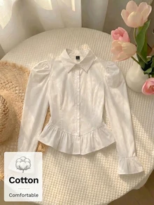 SHEIN MOD Women Cotton Solid Collared Puff Long Sleeve Short White Sweet Business Blouse Office Going Out Back To School Fall Autumn.Halloween. - White - View 6