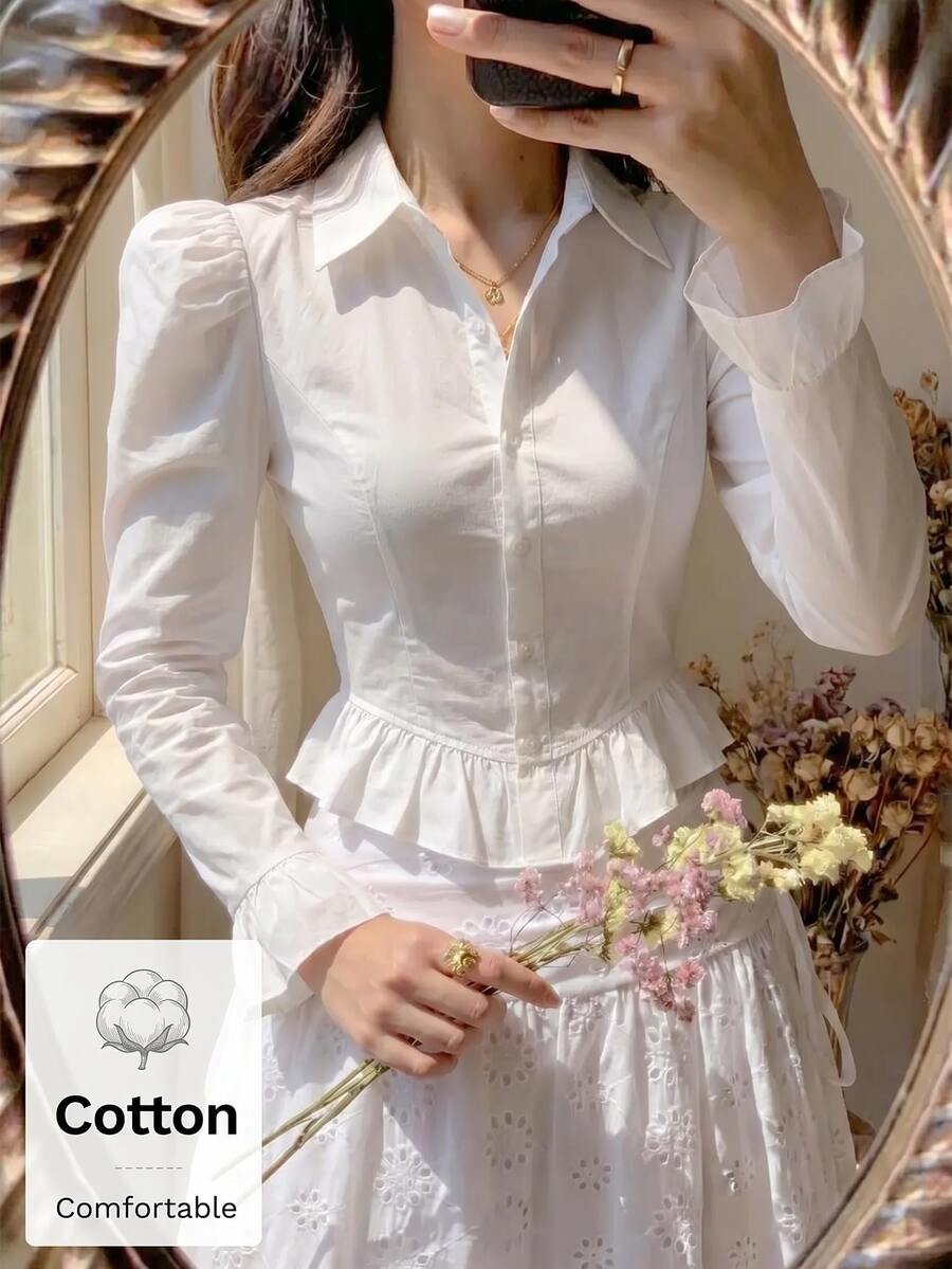 SHEIN MOD Women Cotton Solid Collared Puff Long Sleeve Short White Sweet Business Blouse Office Going Out Back To School Fall Autumn.Halloween. - White - View 1