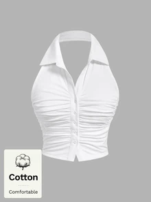 SHEIN MOD Women Cotton Solid Halter Collared Sleeveless Crop White Sweet French Y2K Elegant Ruched Top Going Out Vacation Holiday Back To School Summer - White - View 6