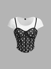 SHEIN MOD 女款夏季時尚拼色黑白波點印花T恤，適合夜店、外出、Y2K風格，可愛性感，萬聖節、開學季適用 - 黑與白 - 查看 2