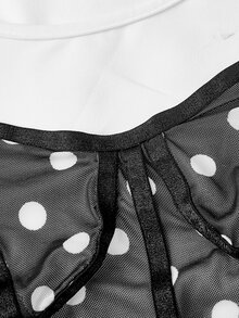 SHEIN MOD 女款夏季時尚拼色黑白波點印花T恤，適合夜店、外出、Y2K風格，可愛性感，萬聖節、開學季適用 - 黑與白 - 查看 4