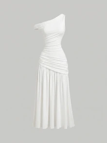 Skyraze Vestido largo elegante de mujer con cuello asimétrico y plisado en unicolor - Blanco - Ver 3